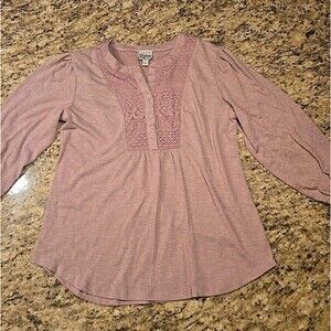 Como Vintage Women's Textured Knit Gauze 3/4-Sleeve Henley Shirt Small
